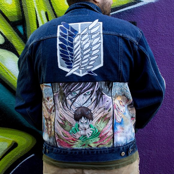 Vintage Denim Jacket Attack on Titan Man's XL Size Hand Painted Art - Picture 5 of 6